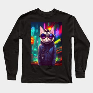 Cool Japanese Techno Cat In Japan Neon City Long Sleeve T-Shirt